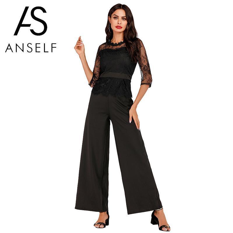 Lace Jumpsuit Women Rompers 2019 Summer Elegant Ladies Office Work Wear overalls for Women Wide Leg Playsuit Tracksuit Long Pant T200107