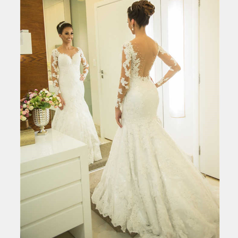New Year's Modest Mermaid Wedding Dresses Long Sleeves Bridal Gown Beaded Scoop Neck Lace Applique Custom Made African Vestido De Novia