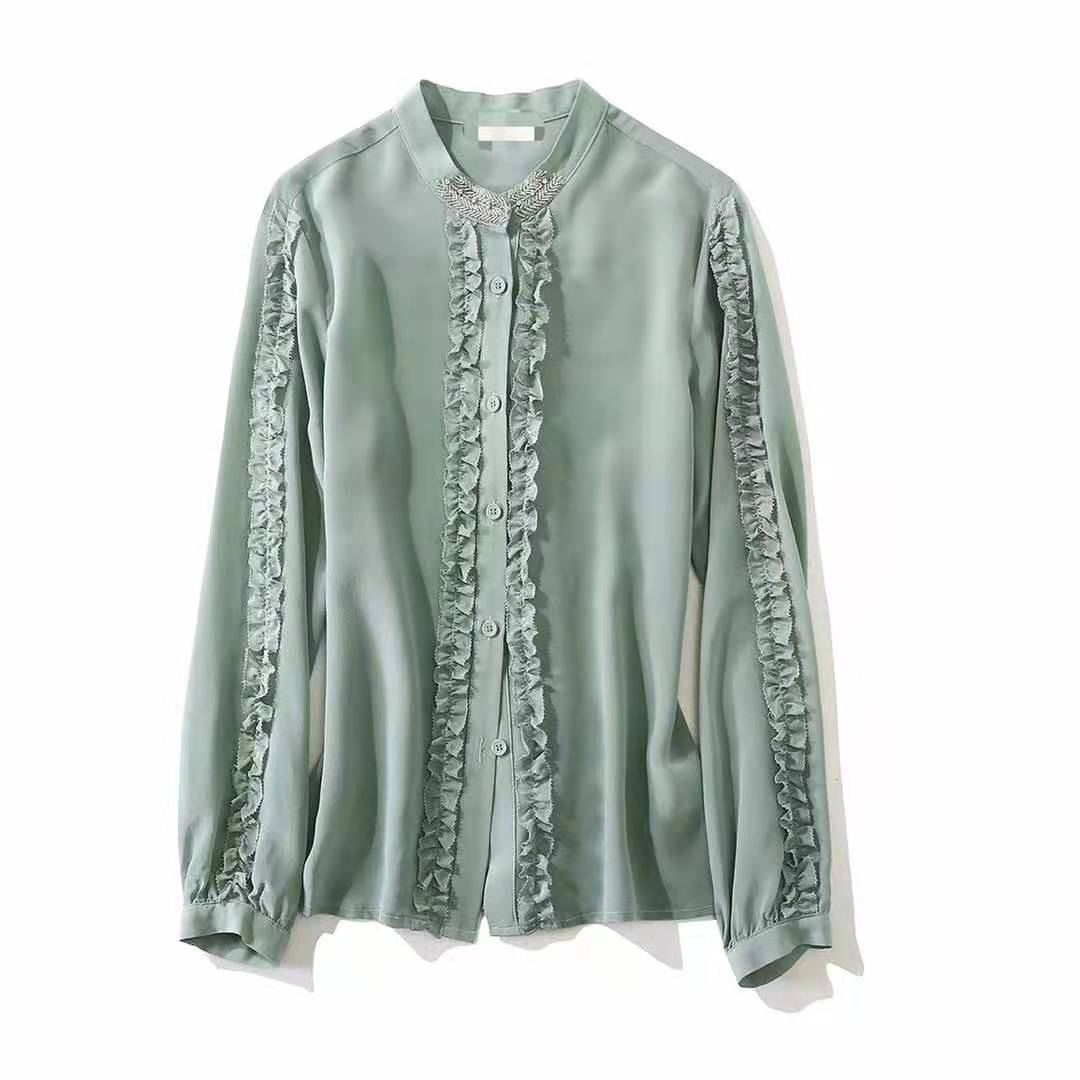 European and American women' clothing 2021 The new spring Long - sleeved beaded stand collar fashion agaric fringe silk shirt, Green
European and American women' clothing 2021 The new spring Long - sleeved beaded stand collar fashion agaric fringe silk shirt, Green