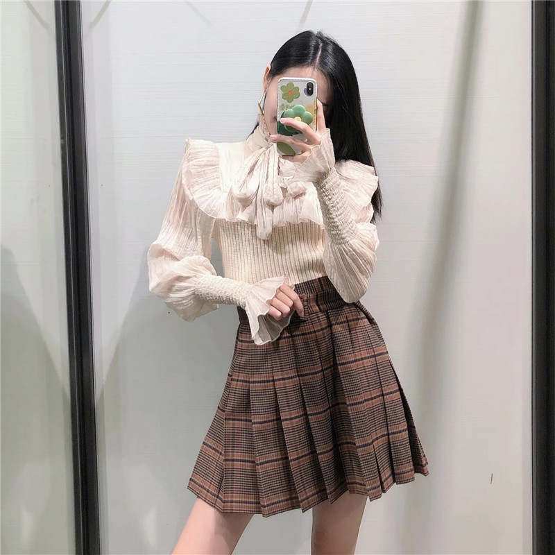 Za Top Women Contrast Organza Patchwork Cropped Knitted Sweater Woman Fashion High Neck Bow Tied Long Sleeve Ruffle Blouse 201221