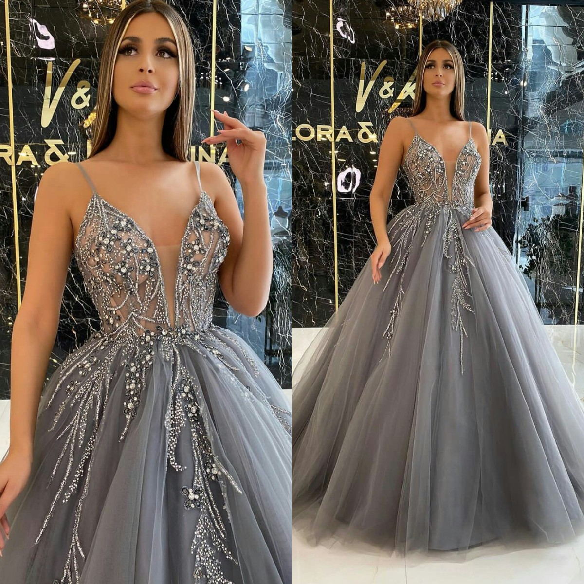 Beaded 2021 Prom Dresses African A Line Silver Strap V Neck Evening Dress Plus Size Formal Party Pageant Gowns