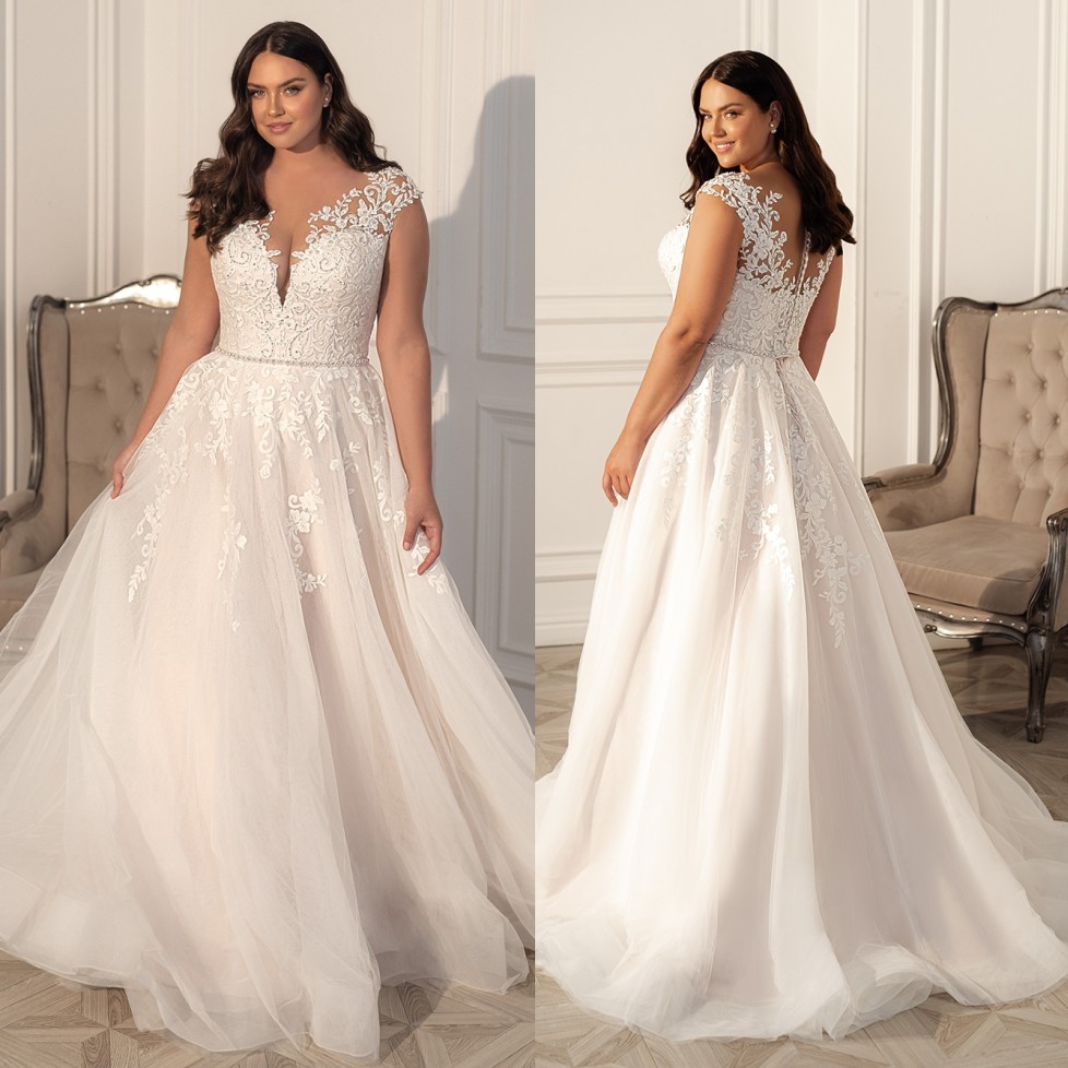 Plus Charming Beaded Size Lace Wedding Dresses Sheer V Neck A Line Bridal Gowns Sweep Train Tulle Robe De Marie