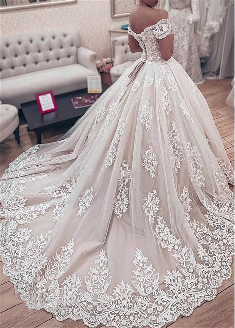 New Fashion Lace Ball Gown Wedding Dresses Off Shoulder Applique Floor Length Pleats Tiered Tulle Wedding Dress Bridal Gowns Vestidos
