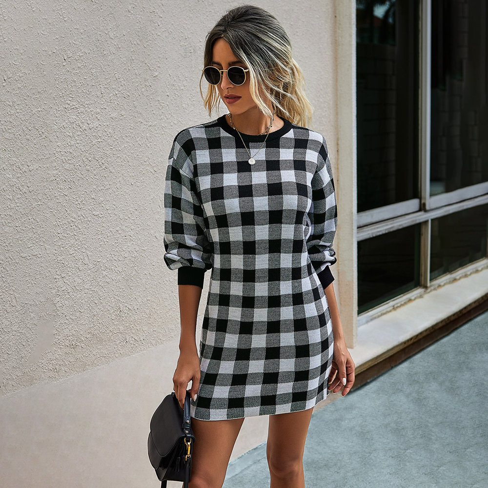 Sweater Dress Women Autumn Winter Elegant Office Plaid Long Sleeve Knit Clothes Slim Fit Black Ladies Dresses New Arrival 201125