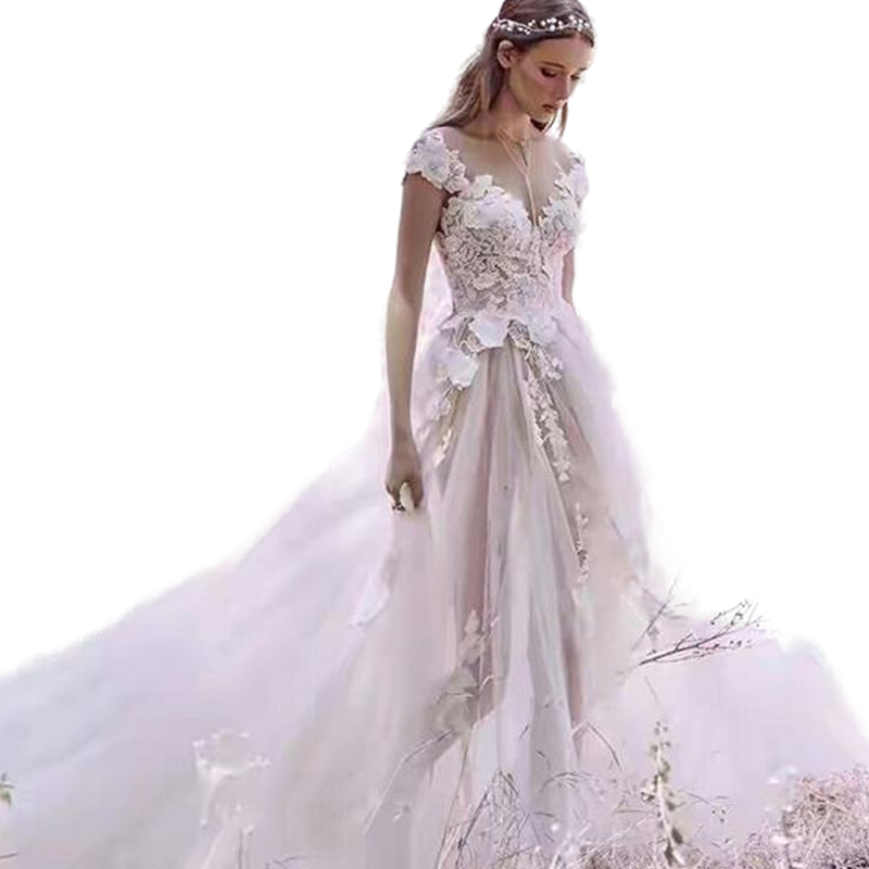 Sexy Backless Bohemian Beach Wedding Dress With Short Sleeves 3D Floral Lace Appliques Long Tulle Boho Wedding Gowns Romantic Summer A-Line Bride Dres