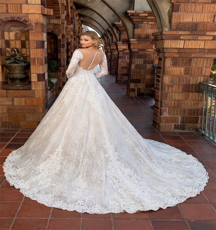Gorgeous A-line Wedding Dresses Jewel Sheer Long Sleeves Appliques Lace Ruched Bridal Gowns Sweep Train Custom Made Vestidos De Novia