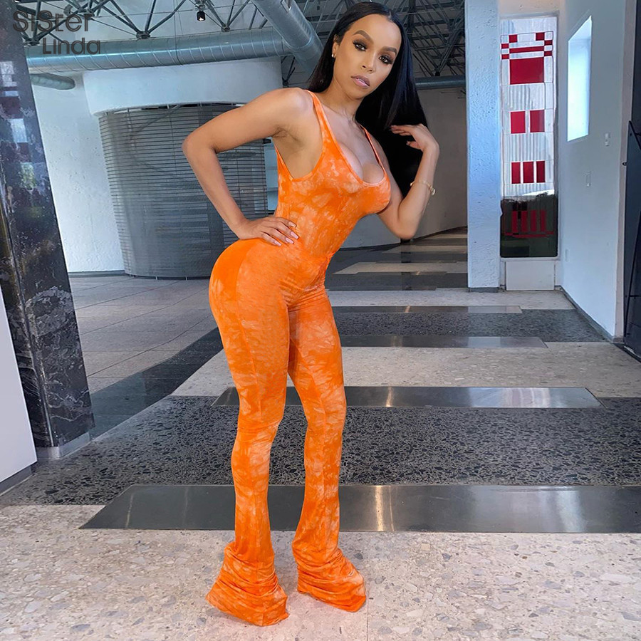 Sisterlinda Tie Dye Long Stacked Jumpsuit Women Sexy Backless Sleeveless Bodycon Skinny Rompers Mujer Playsuit Outfits Fall 201007