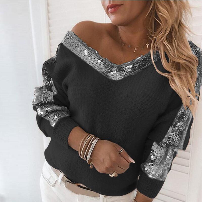 Elegant Off Shoulder V Neck Autumn Sweaters Vintage Sequin Patchwork Knitted Sweater Casual Women Long Sleeve Pullover Tops 201222