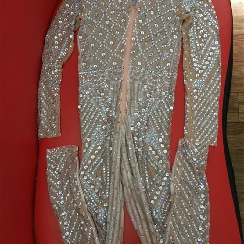 Mesh See Through Sparkly Bodysuit Rhinestone Long Sleeve Jumpsuit Evening Birthday Celebrate Costume Perspective Outfit YOUDU T200810