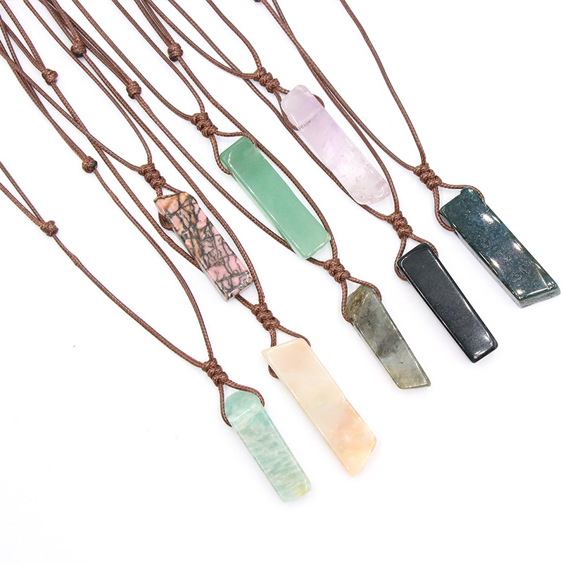 Natural Stone Crystal Pendants Necklace Irregular Braided Rope Chain Amethyst Pink Crystal Healing Chakra Jewelry for Women Men