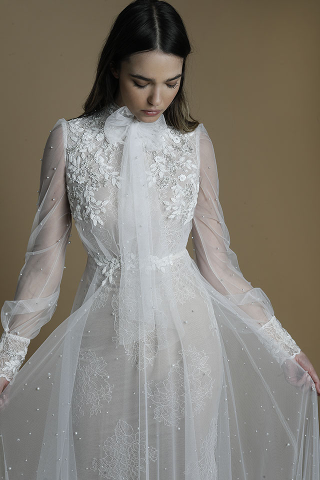 New Liz Martinez Wedding Dresses Elegant High Collar Long Sleeve Lace 3D Floral Appliques Bridal Gowns A Line Wedding Dress