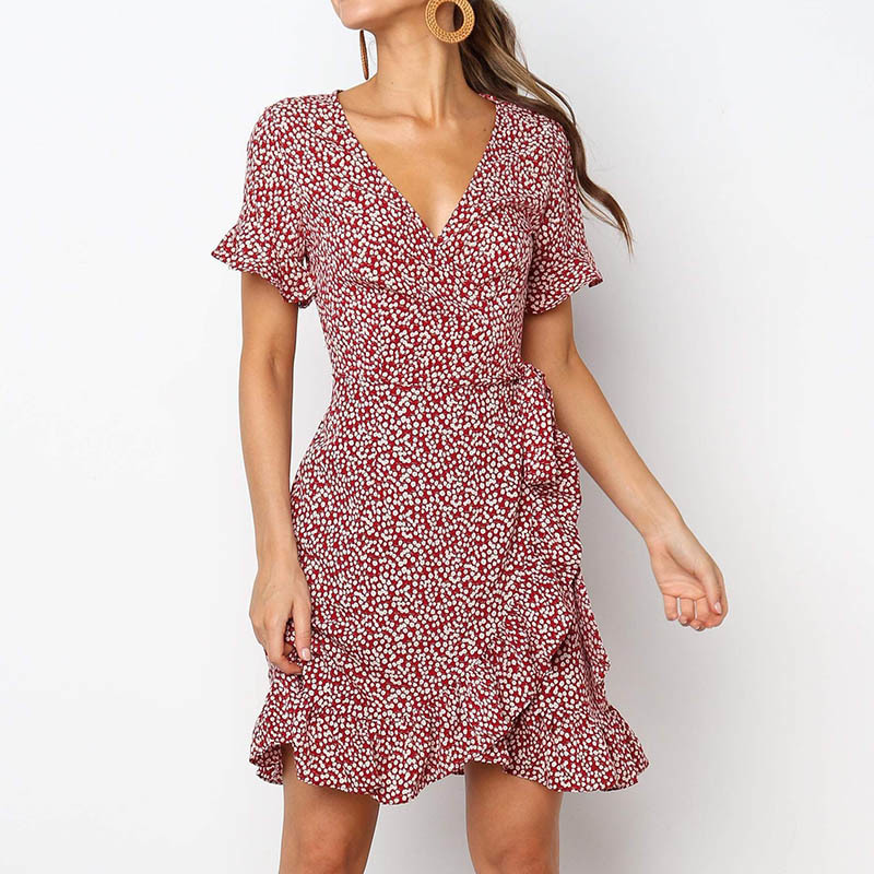 Aachoae Summer Floral Print Boho Ruffle Mini Dress Women A Line Short Sleeve Party Dresses Sexy V Neck Wrap Beach Dress T200603