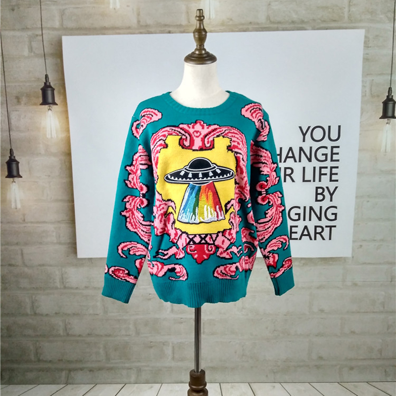 Women New vintage warm thicken sweaters UFO Clouds Jacquard pullovers winter autumn knitted retro loose tops blusas C-012 T200101