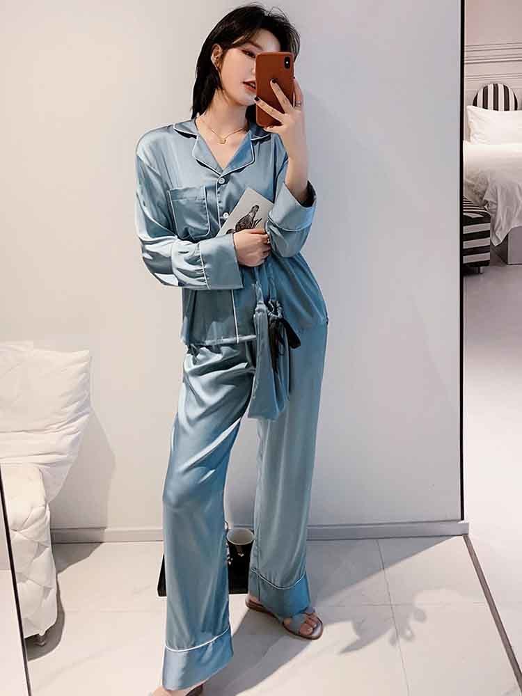 liiundr Ginger Long Sleeve Pajamas Women Sleevewear Summer Autumn Silk 2 Piece Set Women Nightwear Suit Home Wear Pijamas 1583 T200429