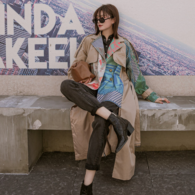 TVVOVVIN Spring New Long-sleeved Abstract Pattern Printing Stitching Fashion Ladies Irregular Hem Khaki Trench Coat KBV8 201102