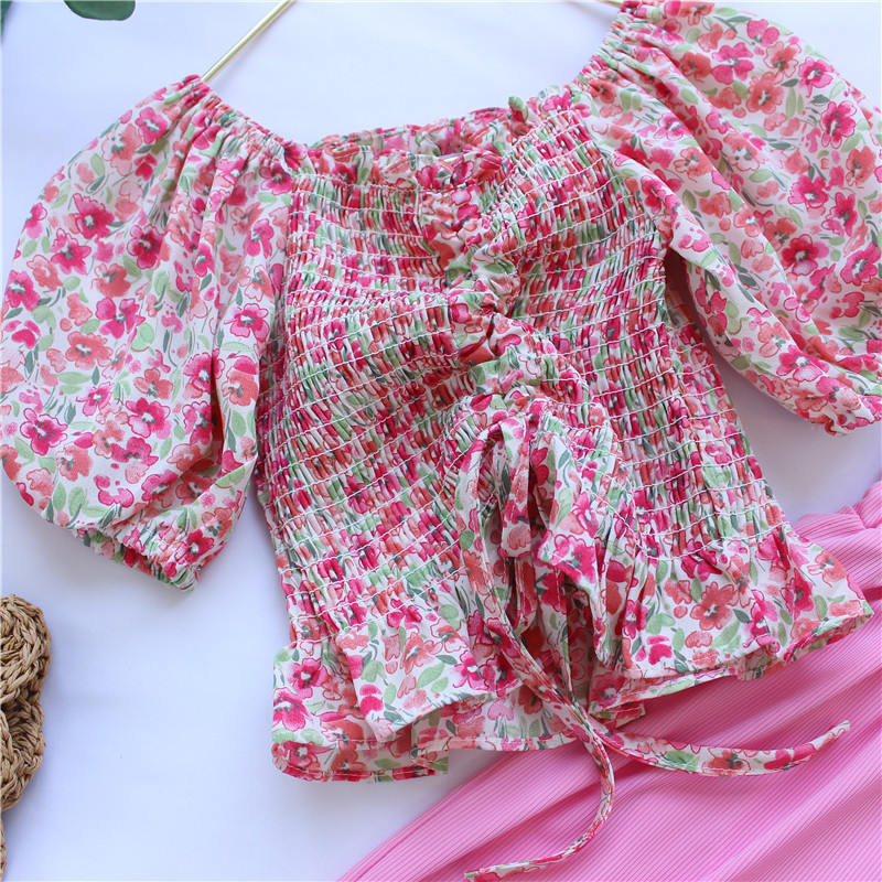 Girls' summer suit one shoulder chiffon foam sleeve Floral Top + wide leg pants two piece girls' clothing 2-8 years oldX1019