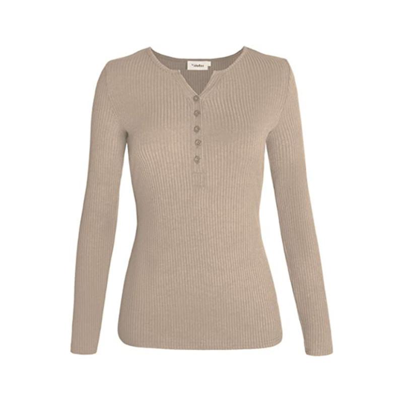 Women Spring T-Shirt, Solid Color Ribbed Henley Neck Long Sleeve Slim-fitting Pullover for Girls, Autumn 220226