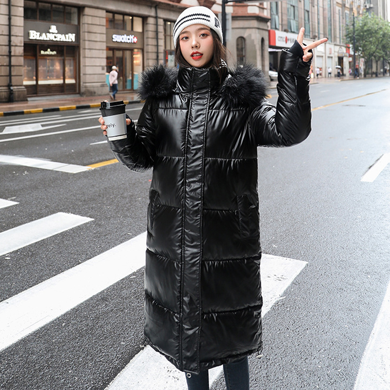 Women X-Long Plus Size Coat Parkas Female Winter Warm Thicke Hooded Fur Cotton Padded Coats Solid Casual Silver Down Jacket 201027