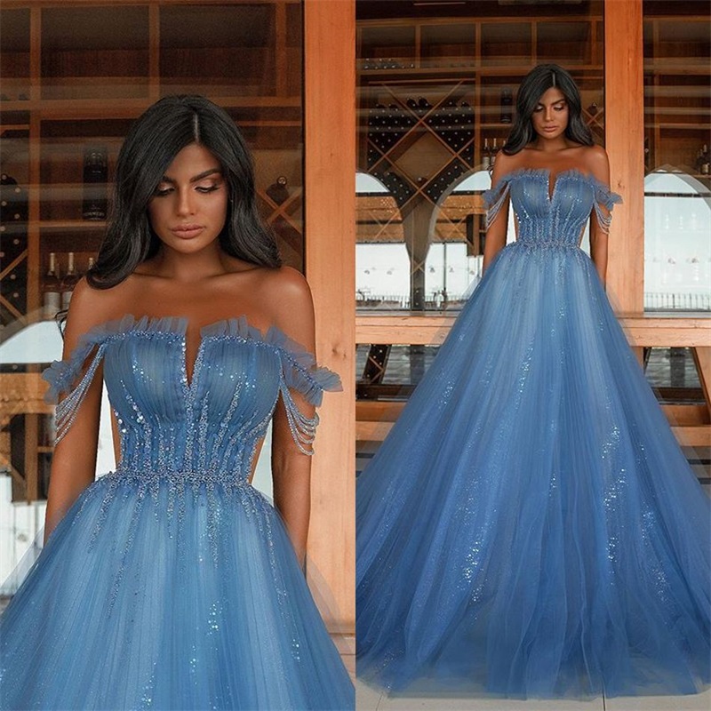 Sparkly A-line Evening Dresses Off-shoulder Sequins Beading Prom Dresses Ruffle Tulle Bling Sweep Train Formal Party Gown