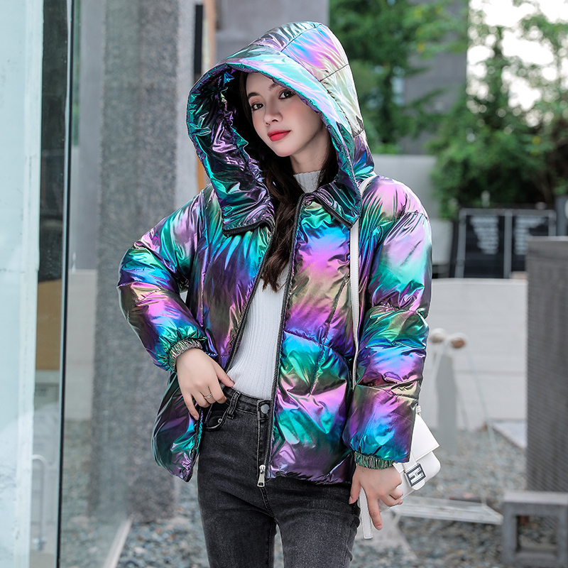 Women Winter Jacket Coats Hooded Tie dye Shiny Fabric Parkas Thick Warm Down Cotton jackets Zipper Padded Pocket Cold Outwear 201217