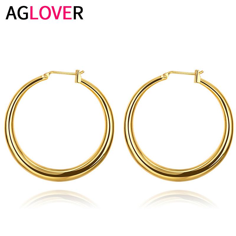 AGLOVER 3.5cm S925 Sterling Silver Fashion Earrings Round Glossy Gold/Rose Gold Earrings For Women Wedding Jewelry Gift