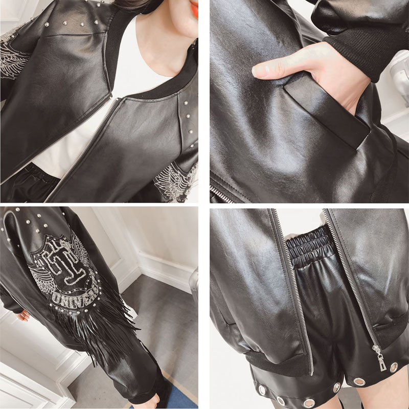 Spring Autumn Tassel Rivet Short Biker Soft Pu Leather Jacket Women Print Long Sleeve streetwear Zippers Female Coats PY31 201020