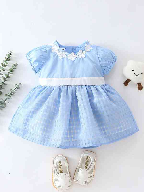 Baby Puff Sleeve Zip Back Appliques Dress SHE