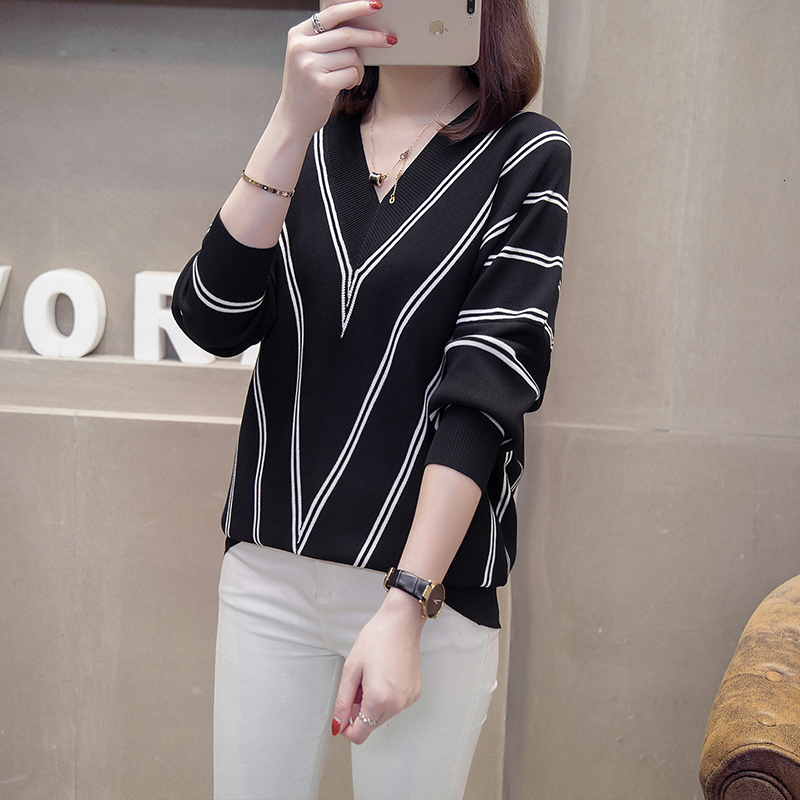 Plus Size Classic Striped Pullovers Woman Autumn Winter Loose Vneck Knit Sweaters Oversize Batwing Sleeve Jumpers Knitwear 201017