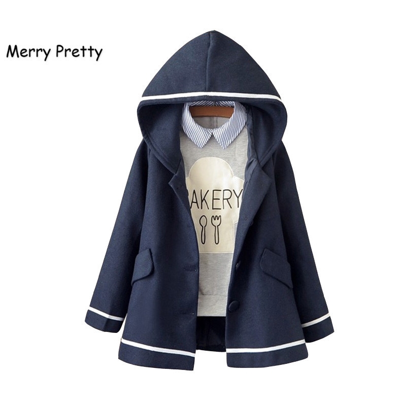 Merry Pretty Autumn Winter Women Jacket Preppy Style Mori Girl Solid Color Hooded Long Sleeve Blends Warm Coat Casual Outerwear 201017