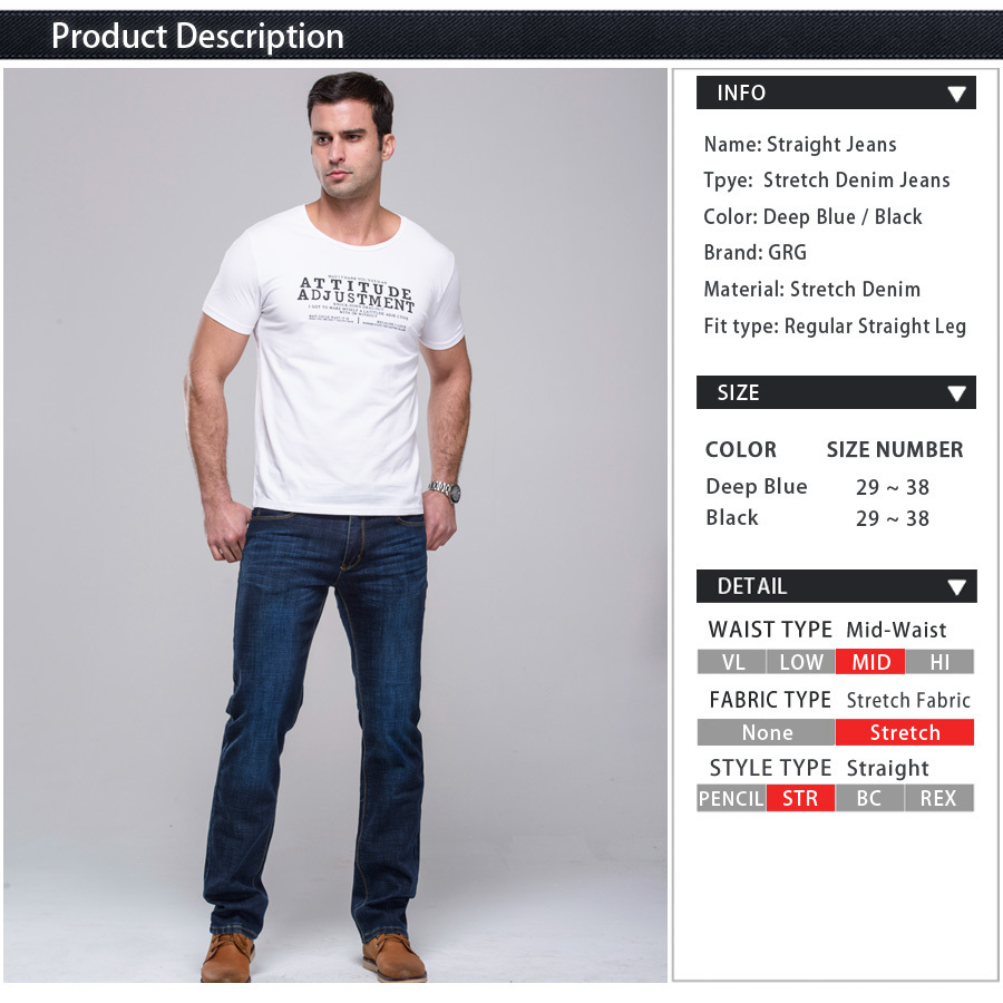 GRG Men's Jeans Classic Straight Fit Stretch Denim Jeans Casual Blue Black Trousers Stretch Long Pants T200614