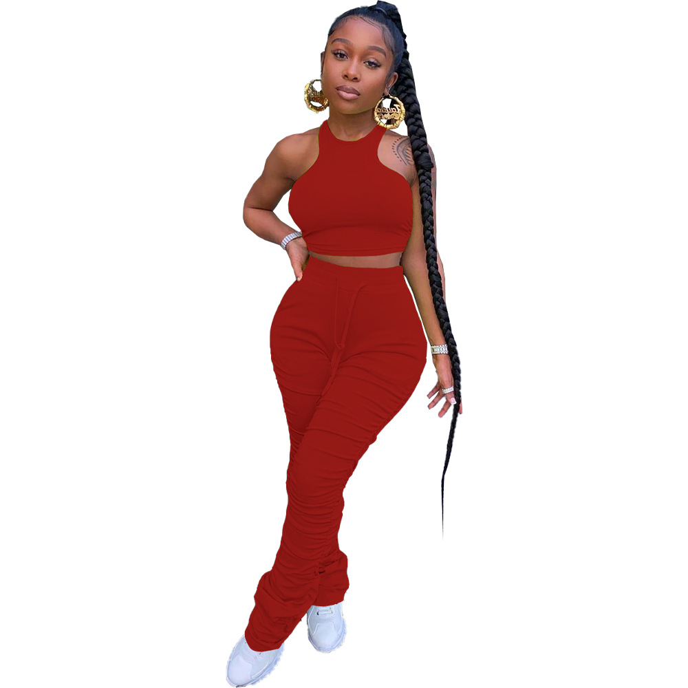 Spot Pants European American spring and summer casual solid color tight vest pleated suit two-piece