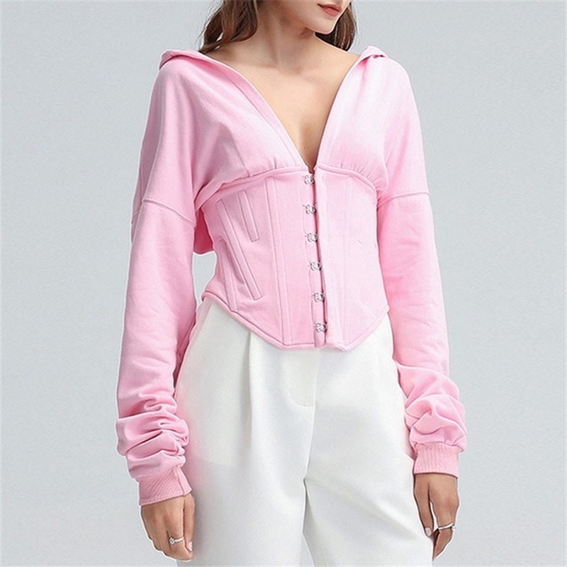 Women Lace Up Corset Hoodie Spring Autumn High Waist Tunic Hooded Sweatshirt Tracksuit High Street 201211