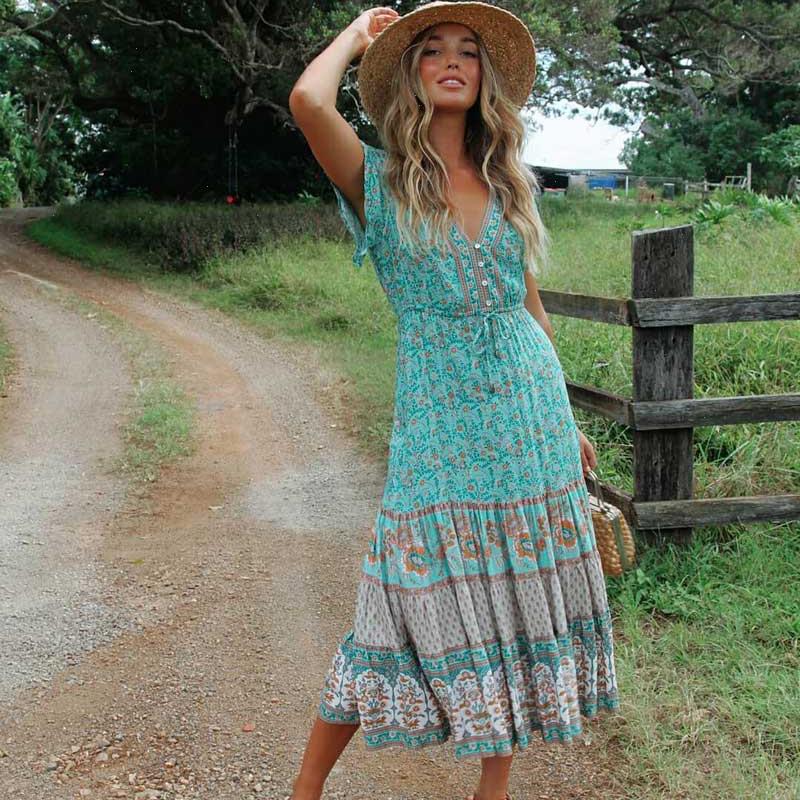 Floral Print Summer Beach Bohemian Dress For Women Ladies V-neck Short Sleeve Female Robe Boho Hippie Chic, New orange
