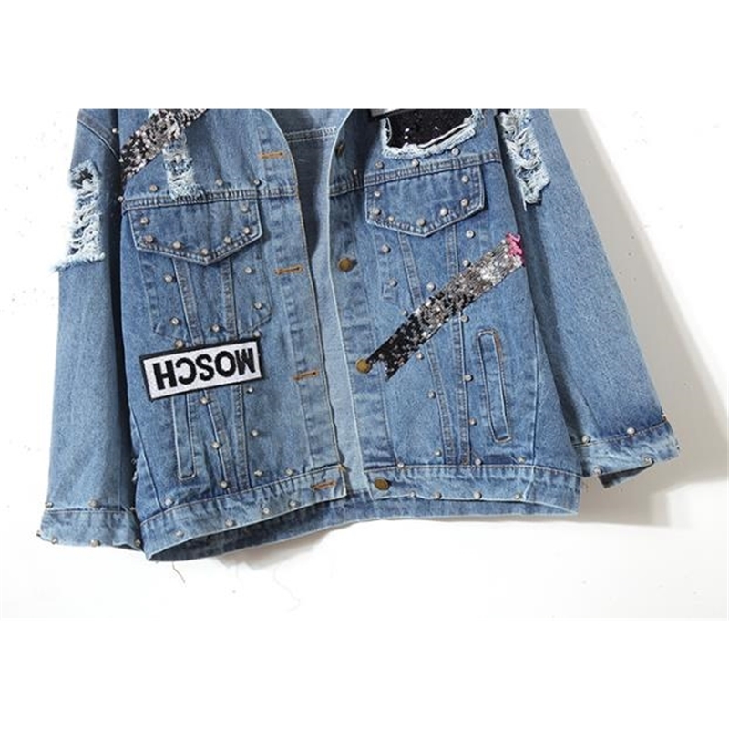Women's Ladies Bear Patch Denim Jacket With Sequins Pins Women Punk Beadings Long Sleeve Loose Street Wear Jeans Jackets Coat 201106