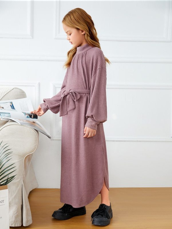Girls Stand Collar Bishop Sleeve Belted Dress SHE
