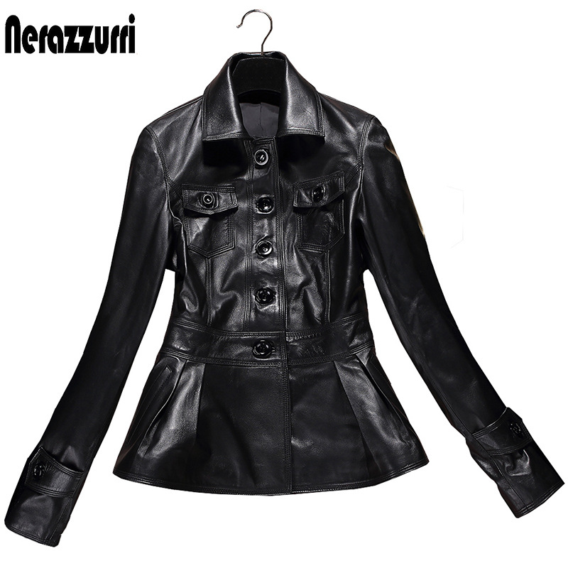 Nerazzurri Black leather trench coat for women with many pockets single breasted buttons long sleeve Plus size slim soft fashion 201030