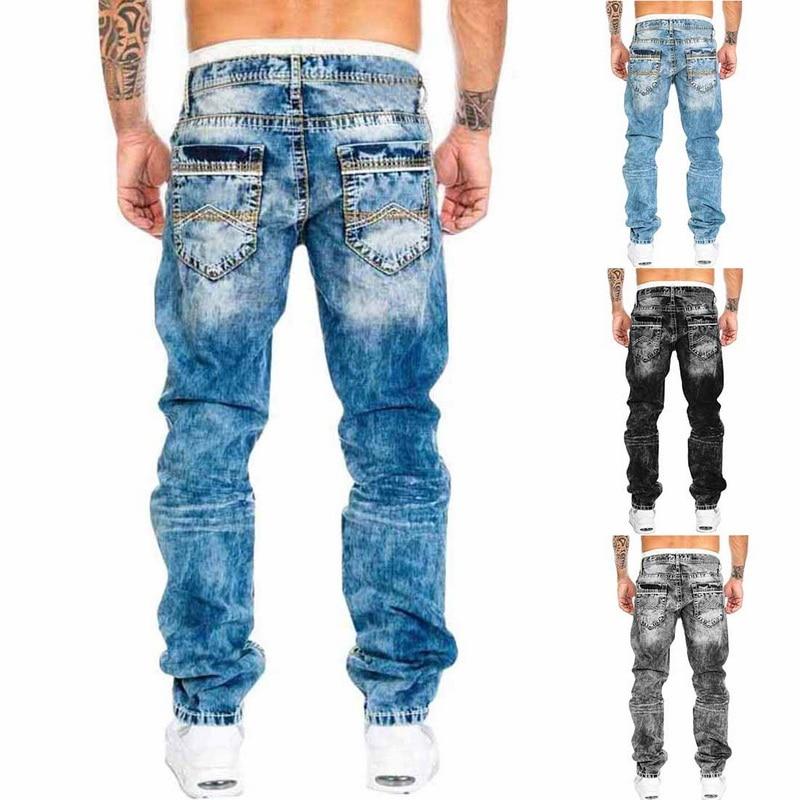 Men's Casual Washed Denim Straight Jeans, Loose Fit Mid-Waist Pocket Pants, Light Blue, Grey, Black - Autumn Fashion B4