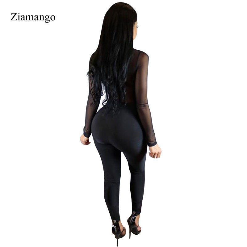 Skinny Sexy Women Jumpsuit Black Fashion Mesh Patchwork Halter Long Sleeve Tight Bodycon Jumpsuit Romper Overalls For Women 2640 T200509