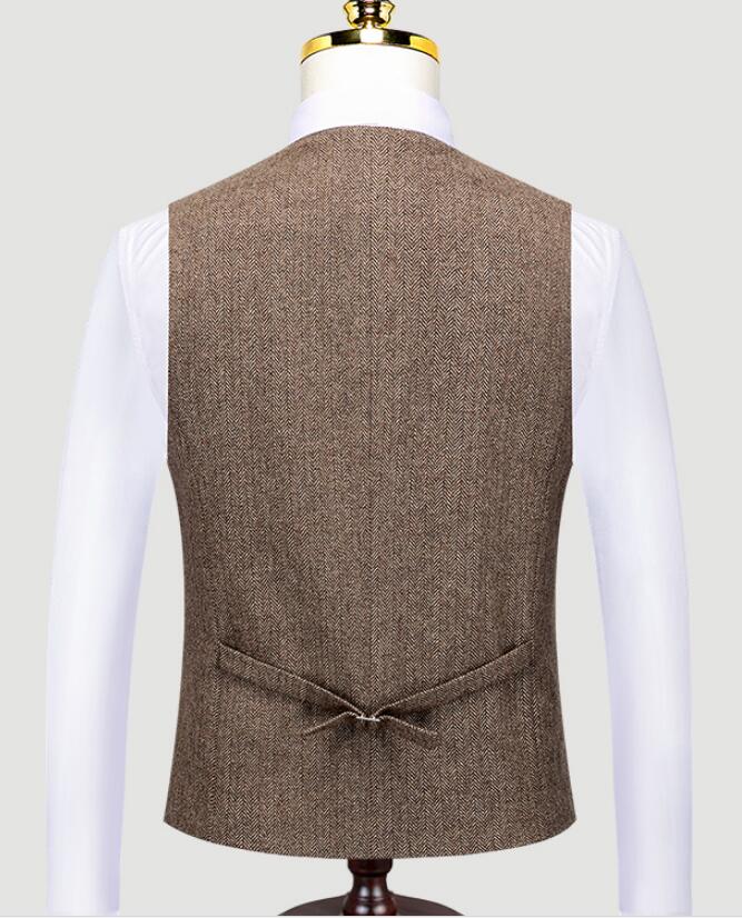Double Breasted Groom Vests Wedding Brown Wool Herringbone Tweed Groomsmen Vests Men's Suit Party Prom Farm Country Waistcoat Navy Blue