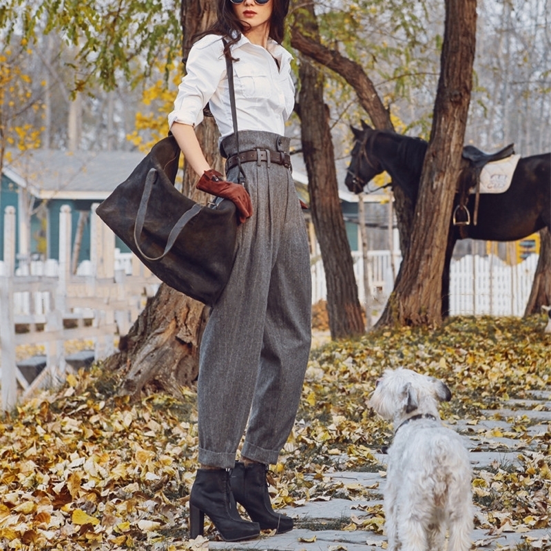 AIGYPTOS Autumn Winter Women Wool Pants Women Vintage England Style Stripe Slim Skinny Pants Casual Ankle Length Woolen Trousers 201109