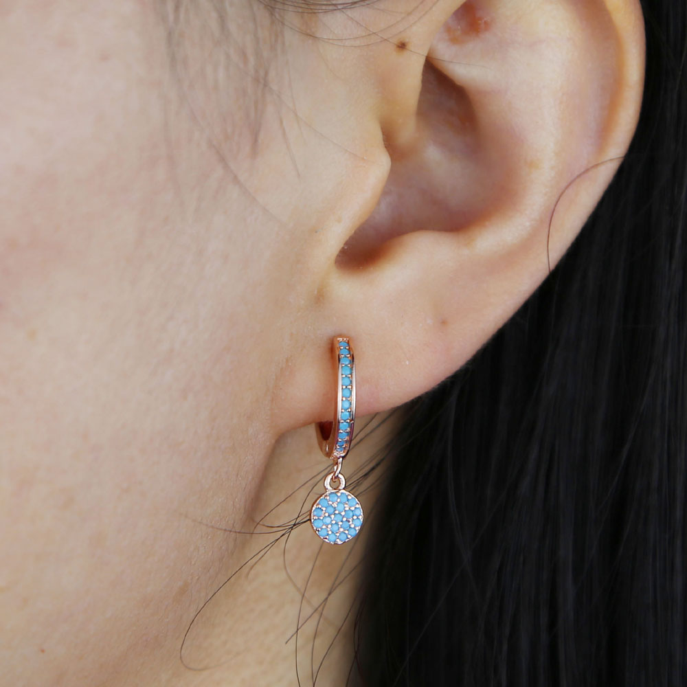 Geometric Round Dots Disco Charm Hoop Earring Rose Gold Color Blue Opal Micro Pave Blue Stone Studs Fashion Women Jewelry Gift