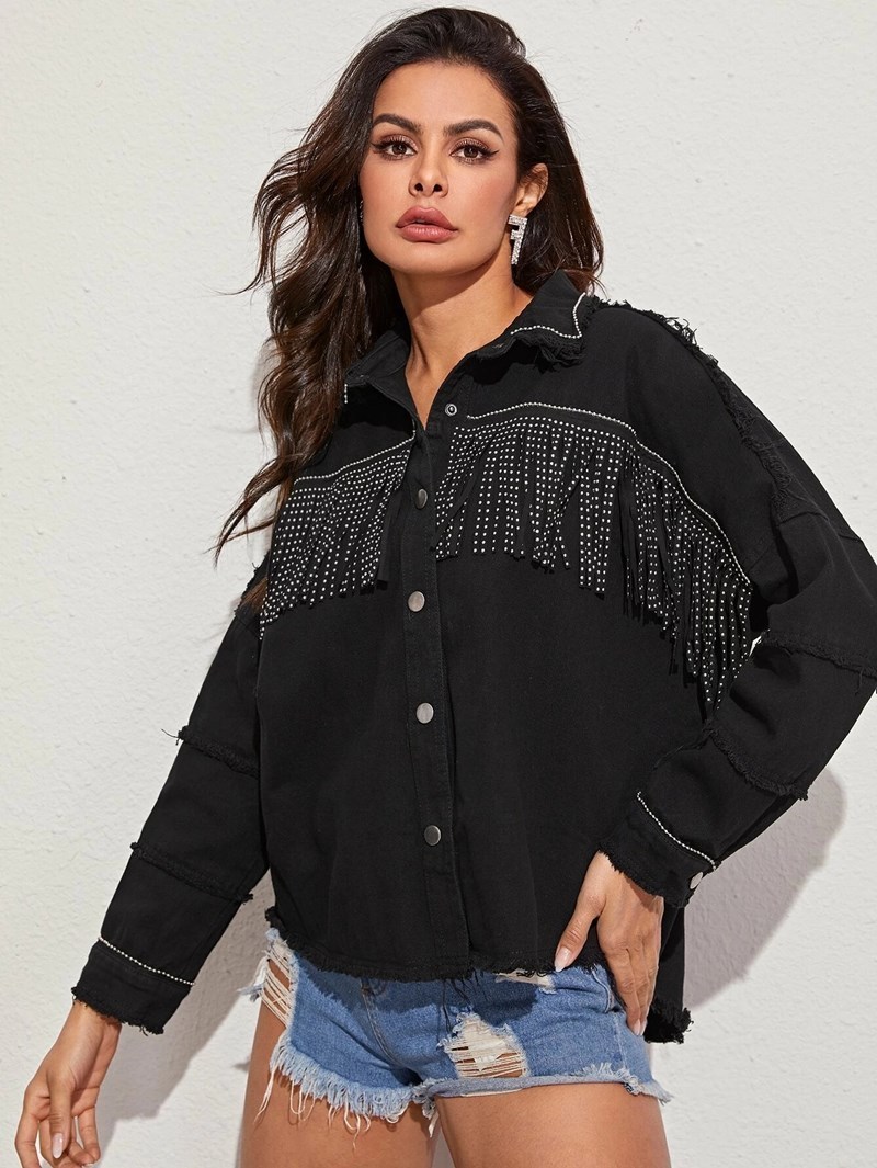 Fringed Frayed Denim Jacket Women New Autumn Winter Lapel Beaded Loose Version Jacket Denim Fashion Casual Jacket Top 201028