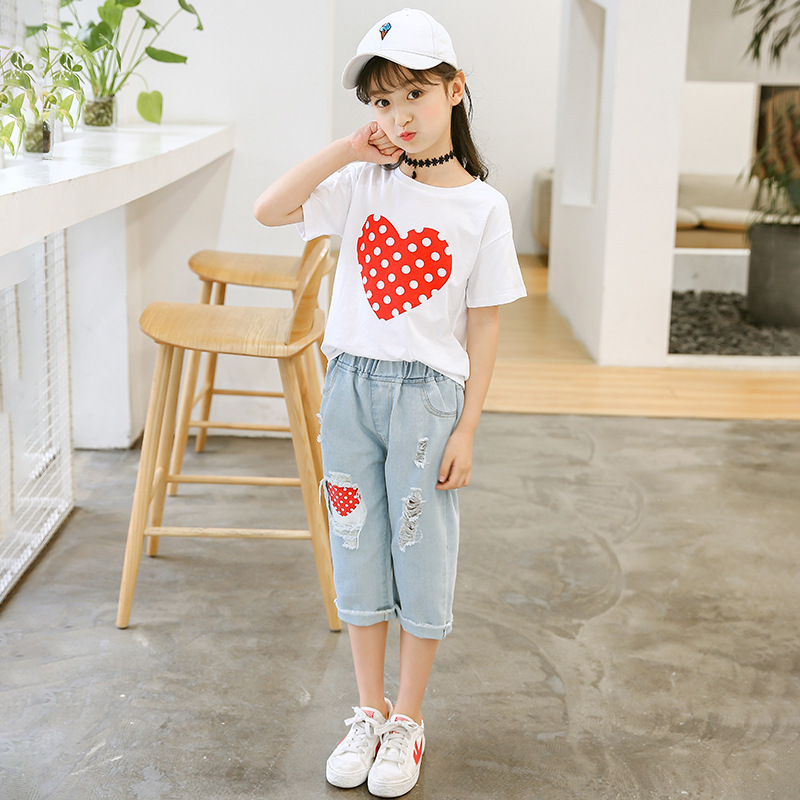 Kids Summer Clothes Set for Girl White T Shirt And Ripped Jeans Children Outfits 6 8 10 12 Years Girls Clothing SuitsX1019