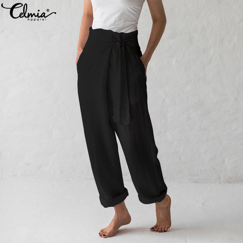 Celmia Women Vintage Linen Wide Leg Pants 2019 Summer Female Bottoms Casual Loose Harem Pant Pockets Long Pantalon Plus Size 5XL T200319
