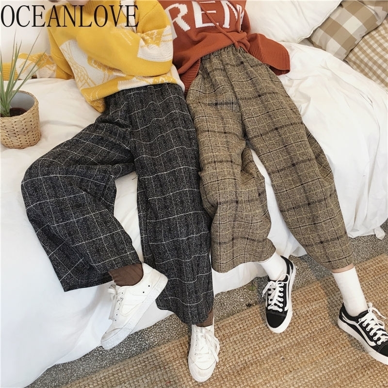 OCEANLOVE Harajuku Plaid Pants Women Vintage Lace Up Ankle-length High Waist Pants Autumn Winter Wide Leg Trousers 13026 201106