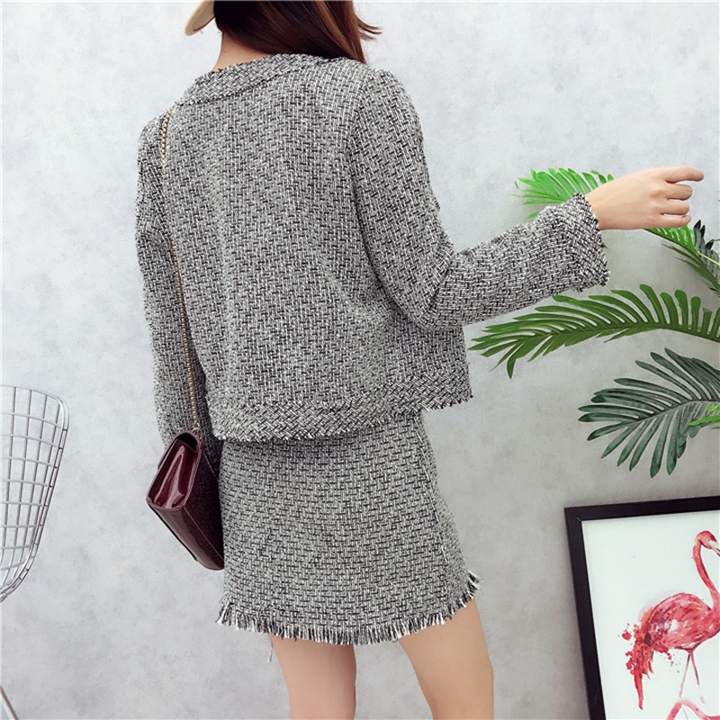Autumn Winter Runway Tweed Suit Set Womens Single Breasted Short Jacket Coat High Waist Tassels Bodycon Mini Skirt Suit 201102