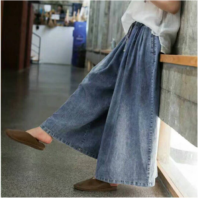 [DEAT] Fast Delivery Autumn Elastic Mid Waist Pleated Female Denim Wide Leg Pants Vintage Style Wild Loose Women AT225 201113