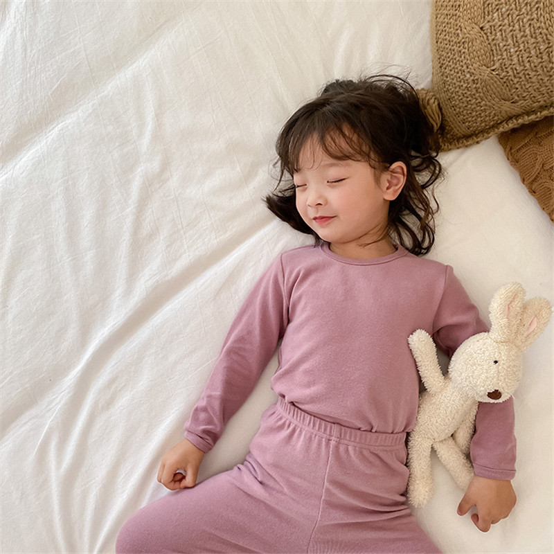 Baby girls pure color sanded pajamas sets fashion long sleeve T shirt and pants suit homewear for Toddler KidsX1019