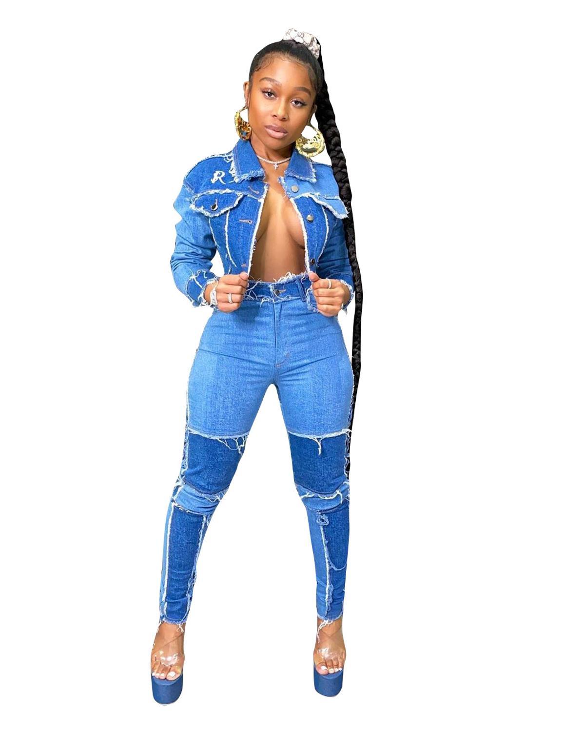 CM.YAYA Active Wear Women Denim Patchwork Jackets Jeans Pants Suit Tracksuit Two Piece Matching Set Fitness Outfits 201008