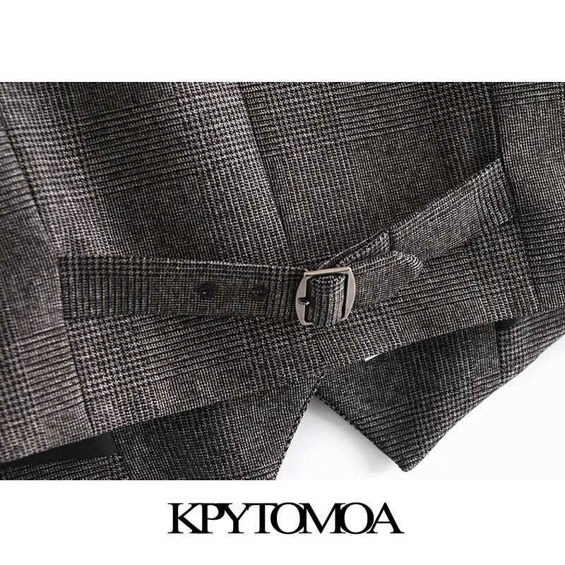 KPYTOMOA Women Fashion Single Breasted Check Waistcoat Vintage Sleeveless Back Tab Female Vest Coat Chic Tops 211220